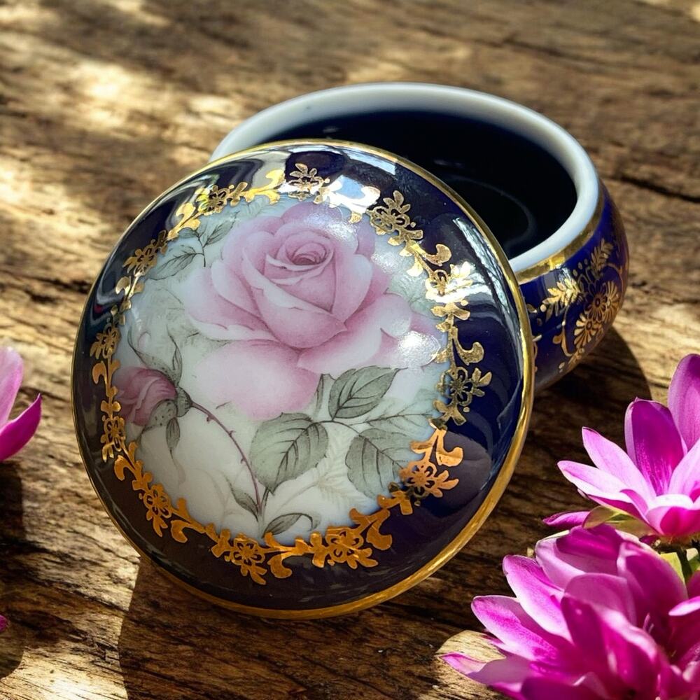 Vtg. Authentic Limoges Cobalt Blue Floral Trinket Box Gold French Rose Pot Lid